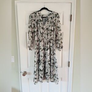 Bohme green and White Floral Long Sleeve midi Dress